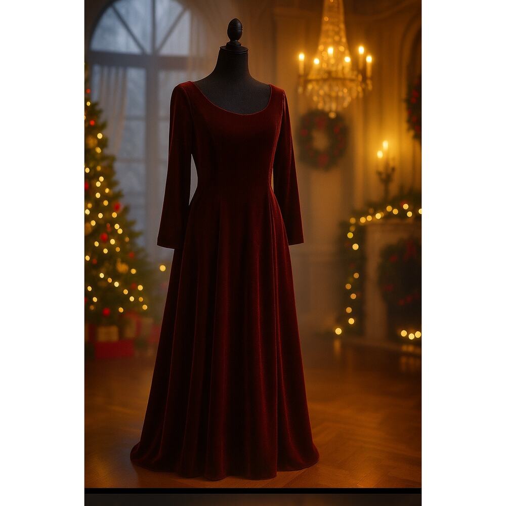 Vintage 80s Burgundy Velvet Gown - Size 14, Scoop Neck, Formal Winter Wedding